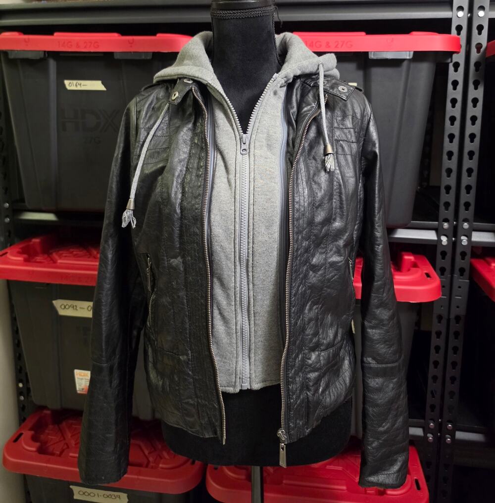 J2 Womens Medium Black Faux Leather Moto Jacket Removable Hood Fur Lined